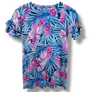 Lilly Pulitzer Girls XL Blue Pink Tropical Palm Ruffle Sleeve Cotton Dress